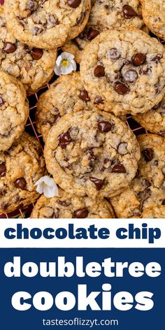 chocolate chip doubletree cookies stacked on top of each other with text overlay that reads, chocolate chip doubletree cookies