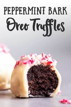 a chocolate peppermint bark oreo truffles cut in half