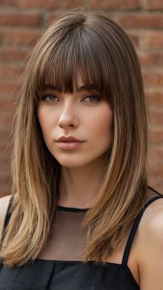 👸 medium length hairstyles with bangs: Sophisticated Blunt Bob with Bangs Look Mid Length Hair Fringe, Heavy Fringe Bangs, Hairdos With Bangs, Mid Length Hair With Fringe, Straight Hairstyles With Bangs, Y2k Bangs, Chunky Bangs, Medium Length Hairstyles With Bangs, Mid Length Straight Hair