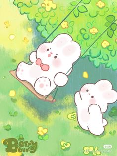 two white bears sitting on a swing in front of a green tree with yellow flowers