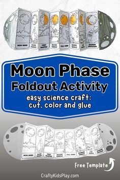 the moon phase foldout activity for kids to color and glue is shown in blue