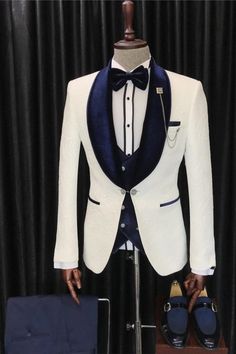 Chapman Fancy White Three Pieces Jacquard Wedding Suits With Navy Blue Shawl Lapel Best Wedding Suits For Men, White Tuxedo Wedding, Blue Tuxedo Wedding, Navy Blue Shawl, Blue And White Suit, Navy Blue Groom, Navy Blue And Gold Wedding, Navy Groom, Best Wedding Suits