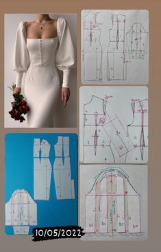 four different patterns and instructions for a wedding dress, including the bustier with long sleeves