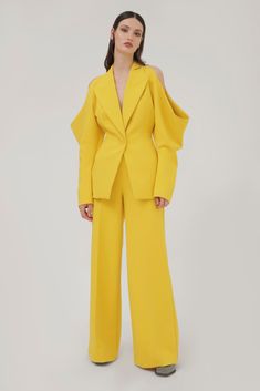 Designed to make a statement, Dalood's wide-leg pants are crafted for their Fall '20 collection. This tailored pair is cut from crepe fabric that's comfortable and stand out in its vibrant yellow hue. Pair it with its matching Cut Out Blazer. -- Product Details Composition: 100% Viscose Wide Leg Button & zip fastening at back Straight fit silhouette Fully Lined Mother Of The Bride Suits, Streetwear Girl, Custom Prom Dress, Pantsuits For Women, Groom Wear, Yellow Fabric, Groom Dress, Crepe Fabric, Wedding Party Dresses