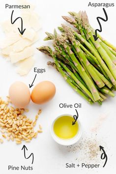 the ingredients to make asparagus salad laid out on a white surface