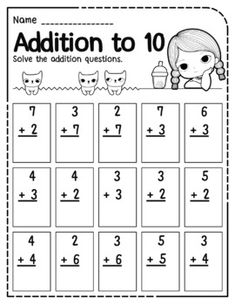 the addition to 10 worksheet is shown in black and white with an image of two