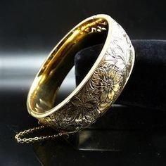 Antique Gold Cuff Bracelet Collectible, Gold Etched Cuff Bracelet For Wedding, Antique Gold Cuff Bracelet For Formal Occasions, Vintage Yellow Gold Brass Bangle, Art Deco Etched Jewelry For Formal Occasions, Art Deco Etched Formal Jewelry, Vintage Yellow Gold Cuff Bracelet With Intricate Design, Vintage Gold Bangle With Intricate Design, Formal Art Deco Etched Jewelry