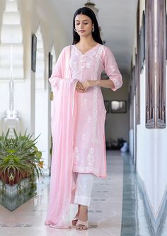 Pink Cotton Embroidered Chikankari Suit Set with Dupatta Shalwar Kameez Women, Peruvian Sweaters, Gown Party Wear, Chikankari Suits, Salwar Dress, Casual Party Dresses, Indian Clothes, Indian Clothing, Shalwar Kameez