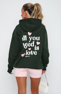 The All You Need Is Love Hoodie Forest Green. Head online and shop this season's latest styles at White Fox. Express delivery and AfterPay available. Love Hoodie, Clothes Wishlist, Black High Waisted Shorts, Dog Jacket, Cute Sweatshirts, Love Is Love