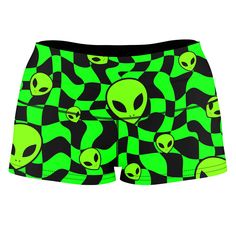 Green Aliens High-Waisted Women's Shorts, Sartoris Art, | iEDM Green Fitted Boxer Briefs, Green Fitted Short Boxer Briefs, Fitted Green Boxer Briefs, Fitted Green Boxer Briefs For Summer, Fitted Green Bottoms With Graphic Print, Fitted Multicolor Boxer Briefs For Streetwear, Green Graphic Print Bottoms For Summer, Stretch Graphic Print Shorts, Casual Fitted Bottoms With Sublimation Print