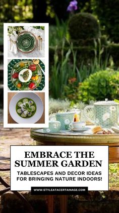 a table with plates and cups on it in the middle of a garden, surrounded by greenery