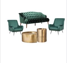 a green couch and two chairs with gold accents on the bottom, one chair has a footstool