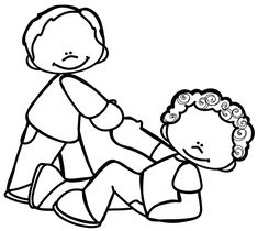 a black and white drawing of a little boy playing with a doll on the ground