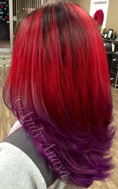 Fiery red and smokey purple ombré. Long layered haircut. Natural base. Red Hair With Purple Ends, Red Hair With Purple Money Piece, Red Purple Ombre Hair, Red Hair With Purple Tips, Purple And Red Hair Ombre, Red And Purple Hair Color Ideas, Red To Purple Hair, Dark Red Purple Hair, Purple And Red Hair