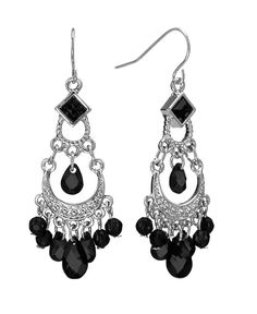 2028 Silver-Tone Black Chandelier Earrings - Black Glamorous Black Dangle Chandelier Earrings, Elegant Black Chandelier Earrings With Dangling Beads, Silver Chandelier Earrings With Faceted Beads, Black Chandelier Drop Earrings With Ear Wire, Black Teardrop Chandelier Earrings With Dangling Beads, Black Nickel-free Dangle Chandelier Earrings, Black Nickel-free Drop Chandelier Earrings, Black Adjustable Dangle Chandelier Earrings, Adjustable Black Dangle Chandelier Earrings