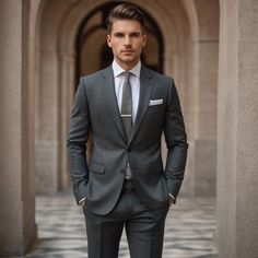 a man wearing a suit and tie standing in an archway