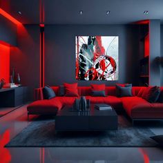 a living room filled with red couches next to a black coffee table and painting on the wall