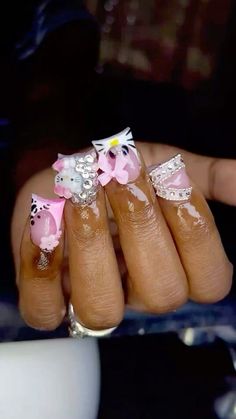 Junk Nail Designs, Acrylics Nails, Hello Kitty Nail, Kitty Nail, Nails Size, Black Acrylic Nails