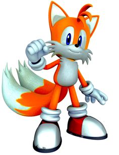 an orange and white sonic the hedgehog is pointing his finger at something in front of him