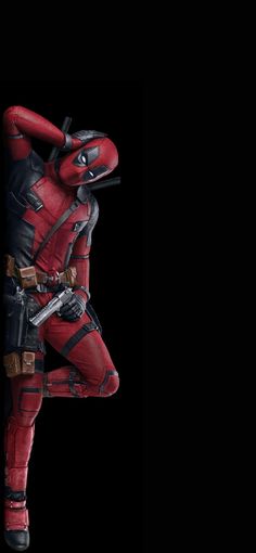 the deadpool character is standing in front of a black background