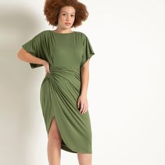 Brand New Never Worn Chic Draped Midi Dress For Brunch, Chic Green Midi Dress With Draped Sleeves, Spring Flattering Draped Dress, Flattering Draped Spring Dress, Spring Flattering Draped Midi Dress, Flowy Midi Dress With Draped Sleeves, Blue Asymmetrical Dress, Eloquii Dress, Black Dress With Sleeves