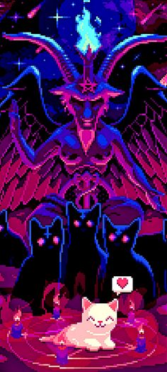 an old computer artwork with cats in front of a giant demon and other demonic creatures