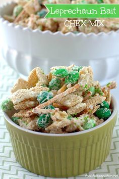 two bowls filled with cereal and green candy