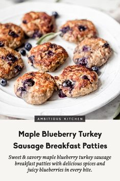 blueberry turkey sausage breakfast patties on a white plate with text that reads maple blueberry turkey sausage breakfast patties