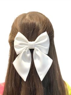 Cute girls hair bow, make from high quality satin fabric, can be flower girl hair bow, dress bow and everyday wear. Bow size: 5" width, 3.5" high  Tails size: 5" long  Barrette size: 2.25" Alligator size: 2.5" All custom orders welcome, please contact me! Current processing time is 1-3 business days before shipping. SHIPPING: All US orders are shipped USPS First Class Flat mailer with tracking information. Thank you for taking your time to visit Twin craft store.  I hope you find something you love for your little princess or even for you or your family. Cute Hairbows, Bow Tie For Hair, Bow For Dress, White Bow Tie Hair Accessories Gift, White Bow Hair Accessory For Gift, White Satin Hair Bow, Elegant White Hair Accessories With Decorative Bow, Flower Girl Hair Bows, White Bow Hair Clip