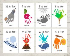 four different handprints are shown with the words q is for, s is for, and t is for