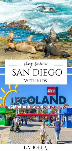 people walking on the beach with sea lions in the background and text overlay that reads things to do in san diego with kids