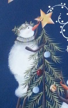 a snowman is standing next to a christmas tree with stars on it and the words happy new year written below