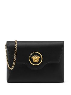 black satin finish Medusa plaque detail detachable chain-link shoulder strap foldover top with magnetic fastening main compartment internal slip pocket leather lining gold-tone hardware Versace Women, Evening Accessories, Envelope Clutch Bag, Bottega Veneta Shoulder Bag, Envelope Clutch, Leather Cap, Louis Vuitton Shoulder Bag, Handbag Backpack, Black Satin