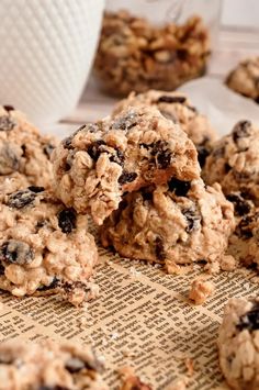 cookies are stacked on top of each other with chocolate chips and oats in the middle