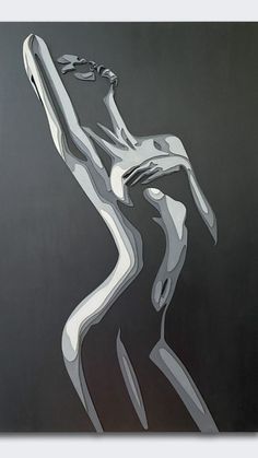 an abstract painting of a woman's body in white and grey colors on a black background