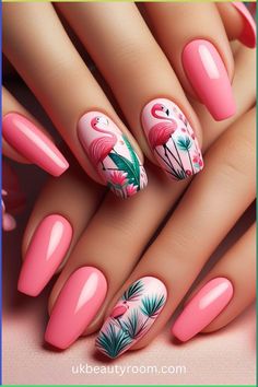 Tropical nails are perfect for summer and vacation looks. They bring a cheerful, fun, and lively vibe to your style. This post... Thailand Nails, Nail Art Tropical, Palm Tree Nail Art, Vacation Nails Beach, Hawaii Nails, Birthday Nail Designs, Flamingo Nails, Tree Nail Art, Nails Beach