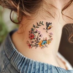 Dynamic Side Neck Tattoos Tattoo Flash Bird With Flowers Tattoo, Small Neck Tattoos For Women, Ftp Tattoo, Cottage Core Tattoos, Forget Me Not Tattoo, Side Neck Tattoo, Lavender Tattoo, Anklet Tattoos, Neck Tattoos