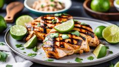 grilled chicken with limes and cilantro on a white plate next to other food