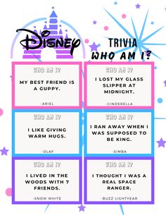 the disney trivia who am i? game is shown in purple and blue with stars