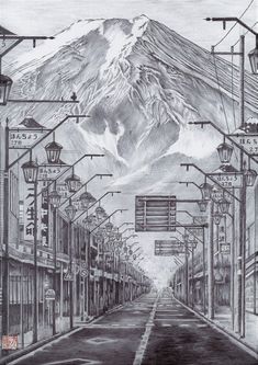 a drawing of a street with mountains in the background