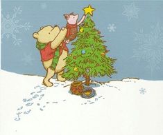 a winnie the pooh christmas card with a tree