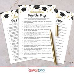 graduation pass the prize printables on top of each other next to a pen