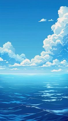 an anime scene with the ocean and clouds in the sky, as well as blue water