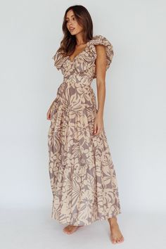 Shop the Kahlo Puffed Ruffle Neckline Maxi Dress Print Beige | Selfie Leslie Beige Floral Print Maxi Boho Dress, Chic Puff Sleeve Floral Maxi Dress, Beige Floral Embroidery Maxi Dress, Cottagecore Ruffled Maxi Dress, Flowy Brown Floral Print Maxi Dress, Tan Strappy Heels, Selfie Leslie, Sunny Sunday, Yellow Bridesmaid Dresses