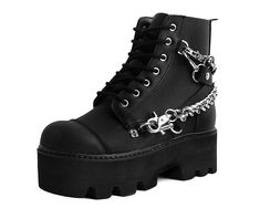 Normal is boring. Add some height to your day in these rad boots, featuring a cool, dino lug platform sole. Features a vegan friendly, black faux leather upper with a 7-eye lace-up closure. Has 4 removeable straps for some extra attitude. Has a sole height that is approximately 2 ¼” at the heel and 1 7/8” in the front. Has removable memory foam padding for added comfort. Botas Goth, Botas Grunge, Creeper Boots, Goth Boots, Normal Is Boring, Lug Boots, Attitude Clothing, Dr Shoes, New Rock