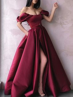 2021 A-Line Sash Off-the-Shoulder Satin Long Sleeveless Dresses Red Satin Ball Gown, Prom Dresses Long Burgundy, Fae Ball, Burgundy Ball Gown, Space Balls, Burgundy Prom Dress Long, Formal Ideas, Burgundy Evening Dress, Red Ball Gown