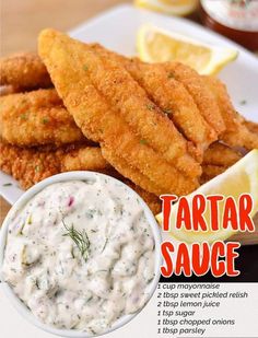 an advertisement for tartar sauce on a plate with fish sticks and lemon wedges