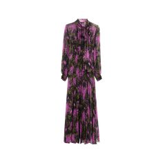 Oscar de la Renta chiffon pleated dress in chrysanthemum print with a scarf-neck High neckline Long sleeves; button cuffs Full length A-line silhouette Silk Dry clean Made in Italy Evening Flats, Cocktail Jacket, Scarf Neck, Pleated Chiffon, Chiffon Maxi, Chiffon Maxi Dress, Lingerie Sleepwear, Neck Scarves, Chrysanthemum