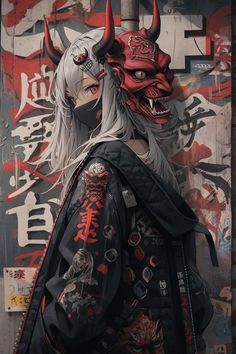 an anime character with white hair wearing a demon mask