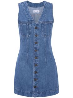 FRAME Sleeveless Trucker Denim Mini Dress - Farfetch 80s Fashion For Women Outfits, V-neck Denim Dress With Pockets, 70s Denim Dress, V-neck Denim Dress For Work, Dark Wash Sleeveless Mini Dress With Pockets, Denim V-neck Dress With Pockets, Fitted Denim Vest Mini Length, Sleeveless Dark Wash Mini Dress With Pockets, Fitted Denim Mini Vest